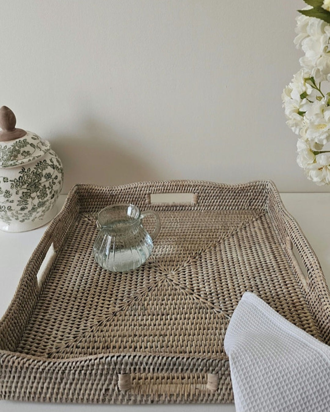 Large Natural Rattan Scalloped Edge Tray