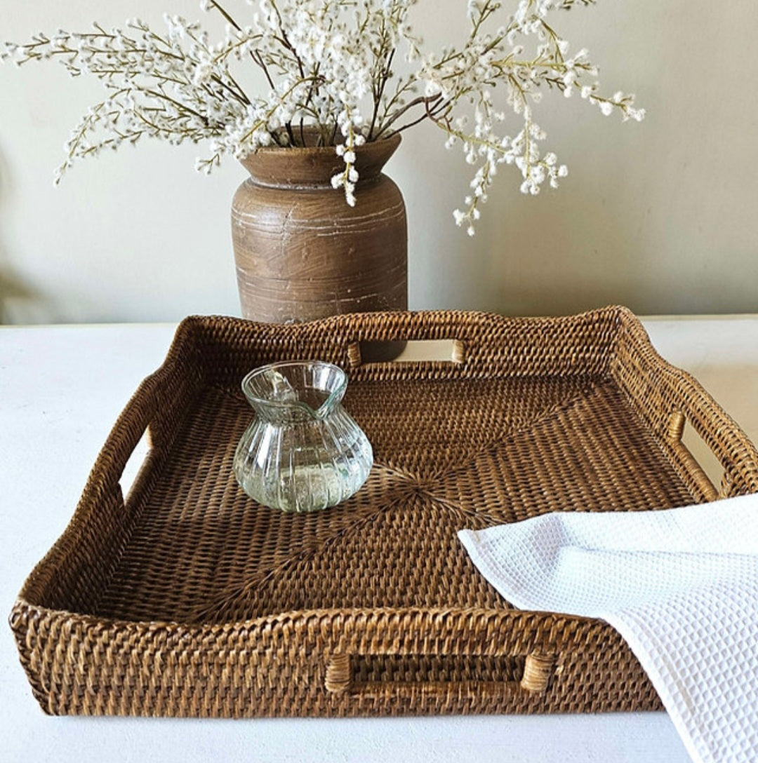 Large Honey Rattan Scalloped Edge Tray