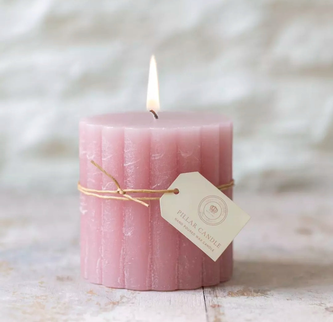 Set of 3 Rustic Scalloped Pillar Candles - Dusky Pink