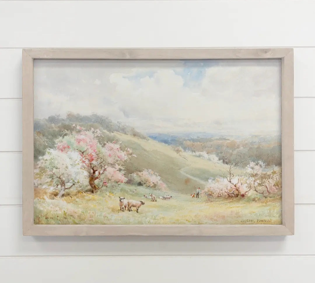 Lambs on Spring Mountain Art with Solid Hardwood Frame