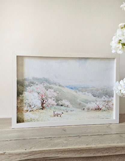 Lambs on Spring Mountain Art with Solid Hardwood Frame