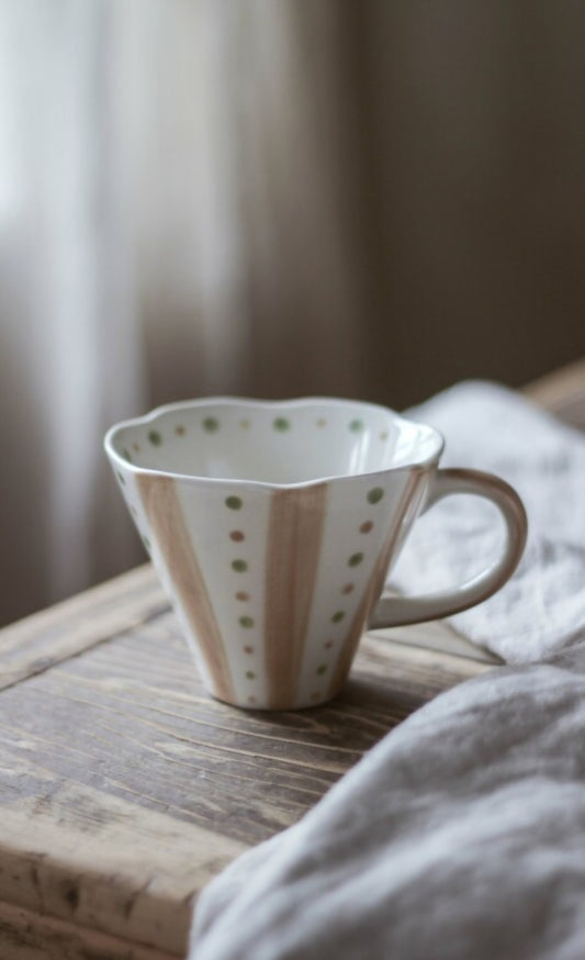 Large Wave Mug - Taupe & Green Stripes & Dots