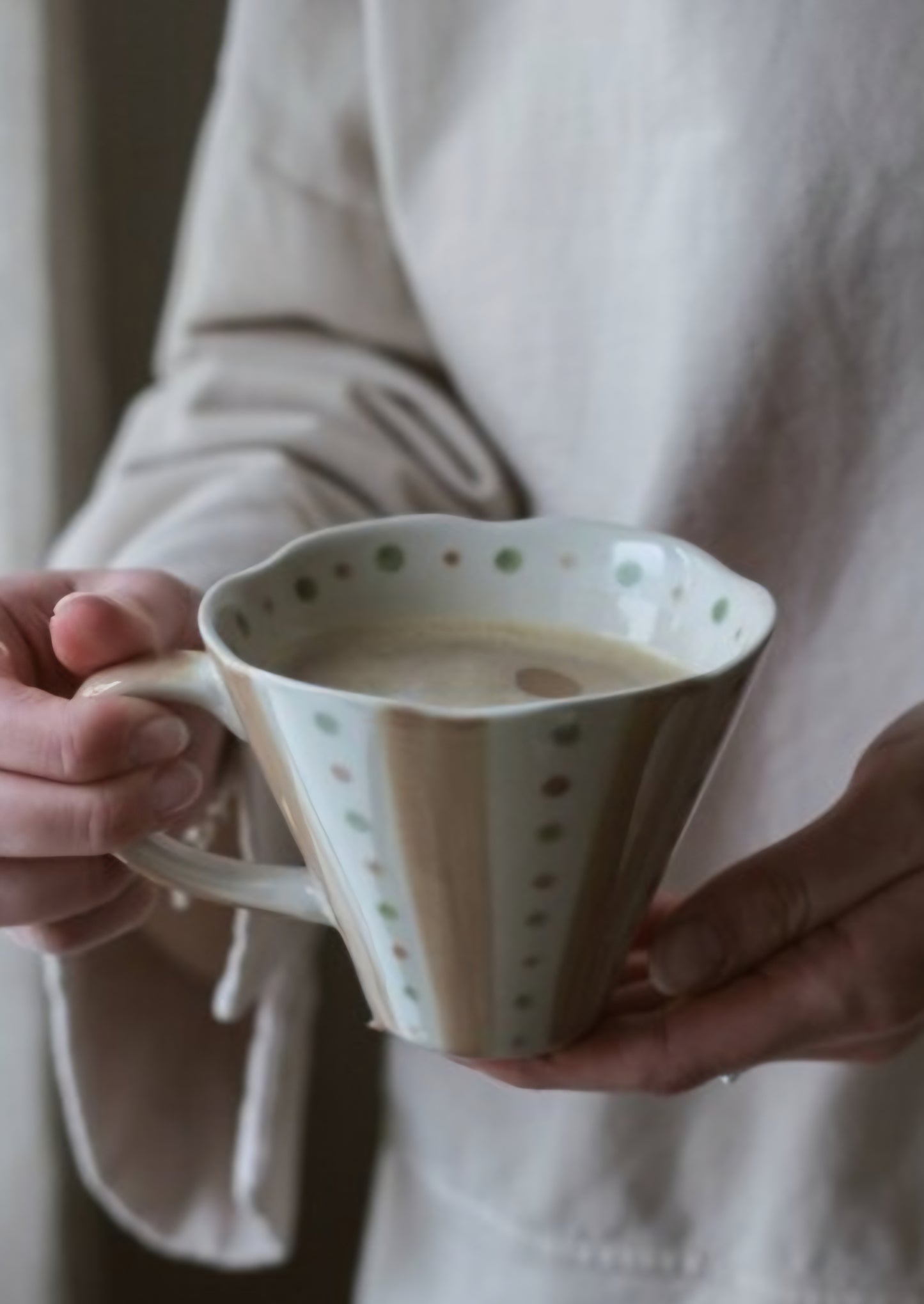 Large Wave Mug - Taupe & Green Stripes & Dots