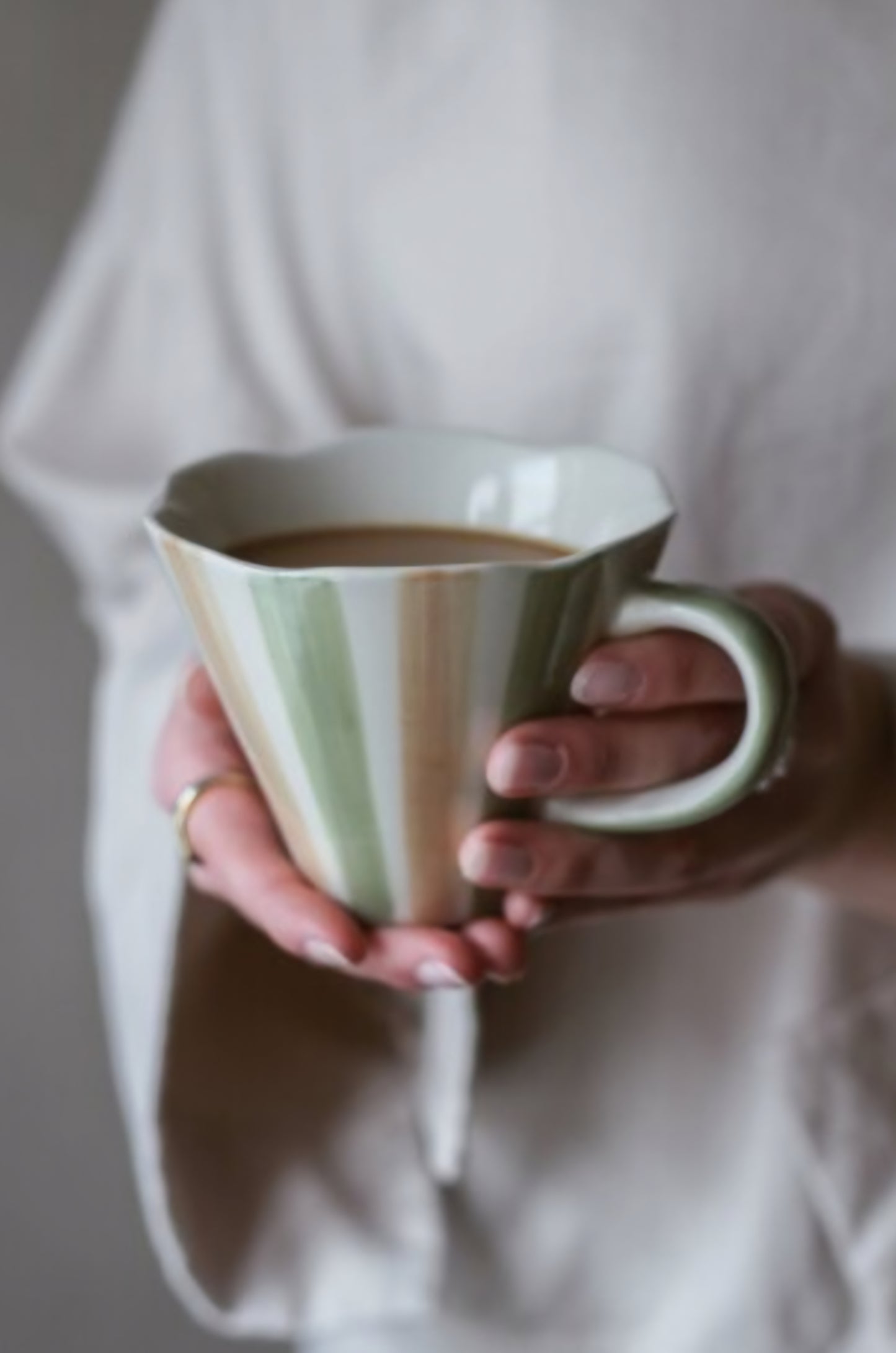 Large Wave Mug - Green & Taupe Stripes