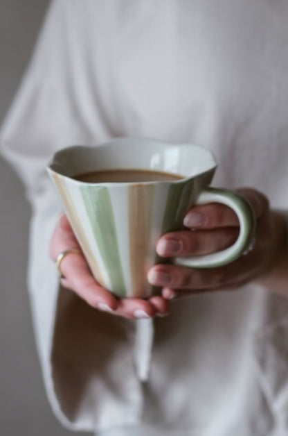 Large Wave Mug - Green & Taupe Stripes